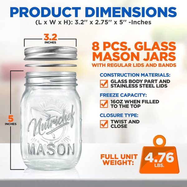 NutriChef 8-Pack 16 oz Mason Jars with Lids - Image 2