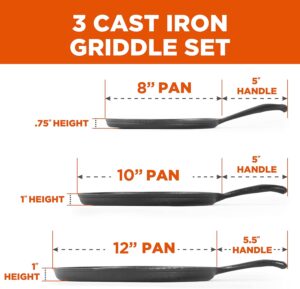 Commercial Chef Round Cast Iron Griddle Pan 3-Piece Set – 8-inch, 10-inch, and 12-inch - Pre-seasoned Griddle Cast Iron Cookware - Image 2