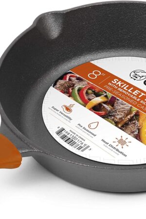 Commercial CHEF Pre-Seasoned Cast Iron Skillet with Removable Silicone Handle, 8-Inch Cast Iron Panst Iron Pan