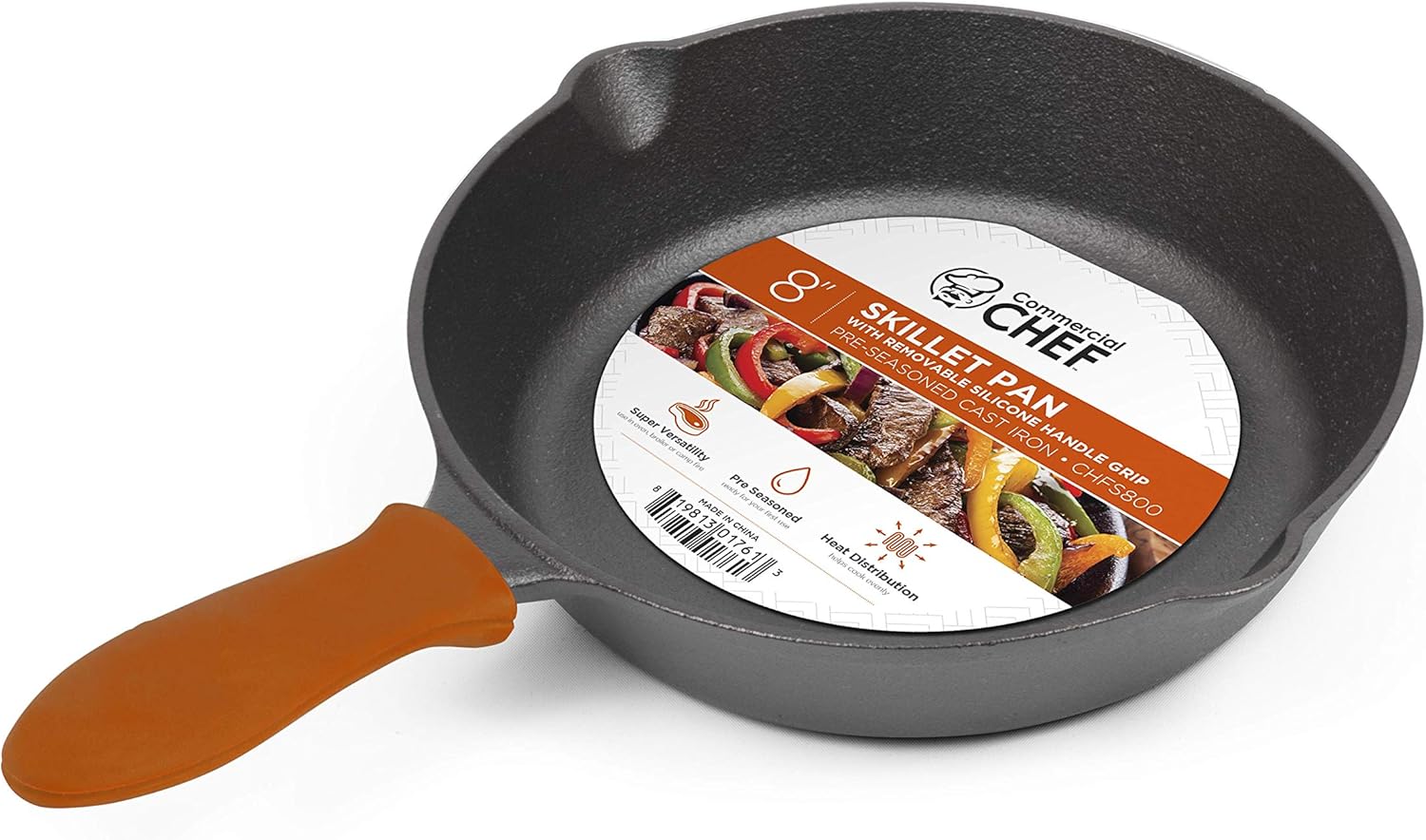Commercial CHEF Pre-Seasoned Cast Iron Skillet with Removable Silicone Handle, 8-Inch Cast Iron Panst Iron Pan