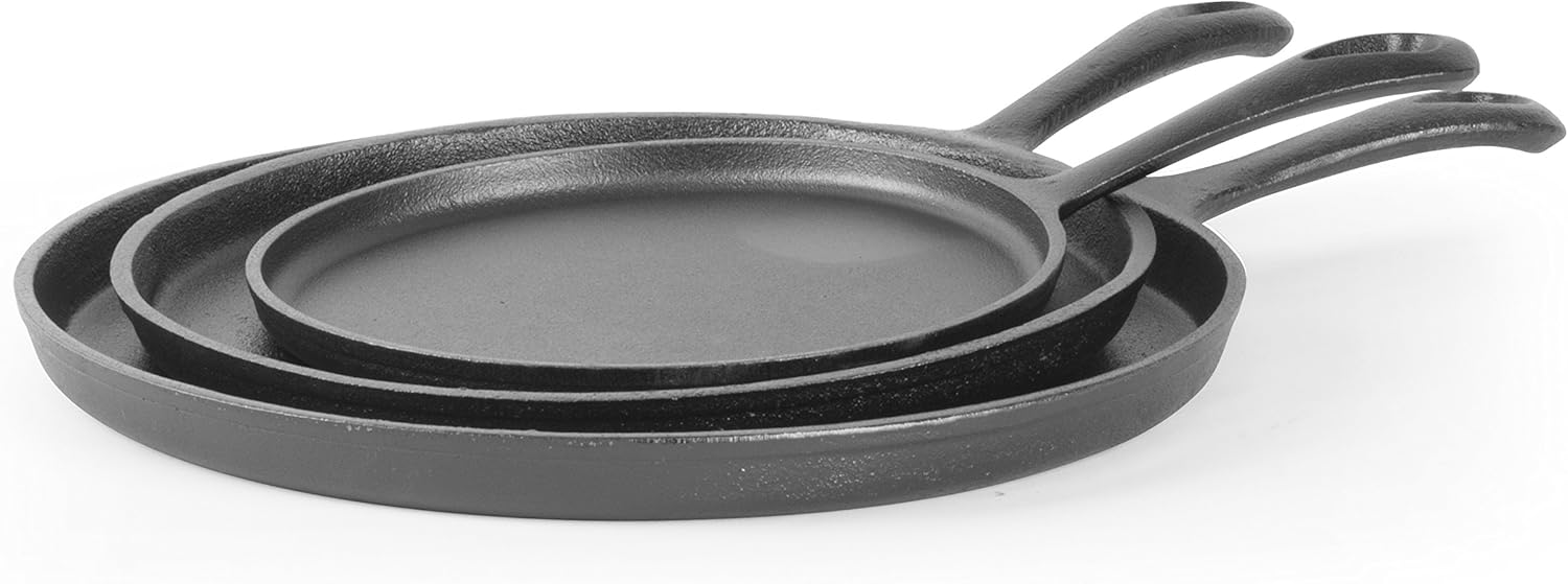 Commercial Chef Round Cast Iron Griddle Pan 3-Piece Set – 8-inch, 10-inch, and 12-inch – Pre-seasoned Griddle Cast Iron Cookware